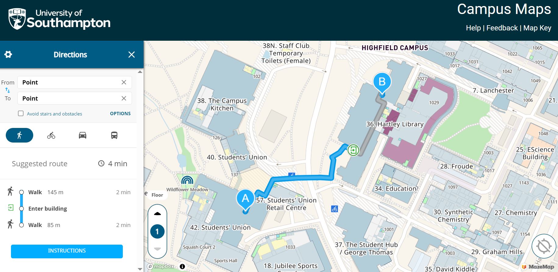 Interactive map and way finding for University of Southampton